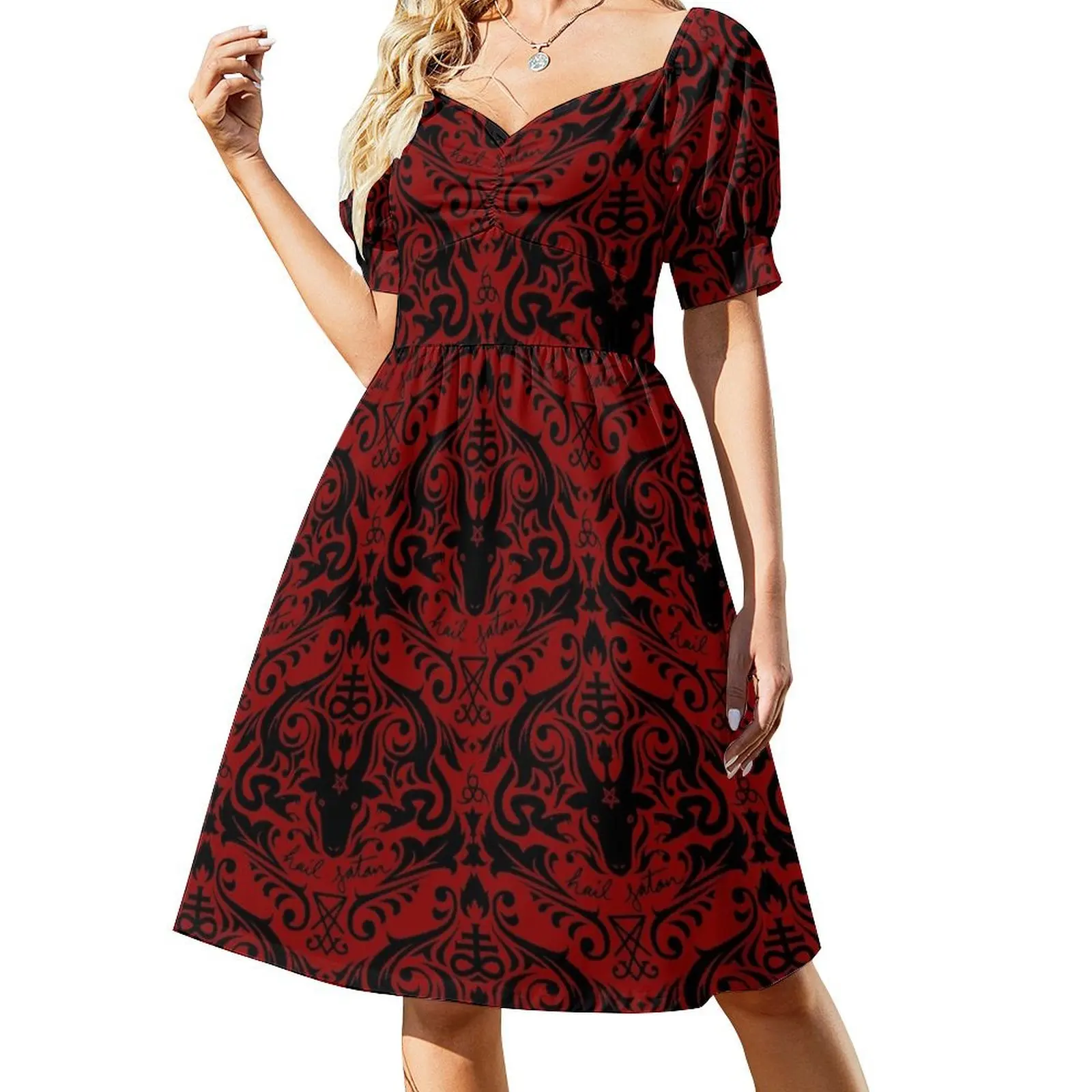 

Damask - Hail Satan (Black & Red default) Short Sleeved Dress women's fashion dresses Evening dresses Dress