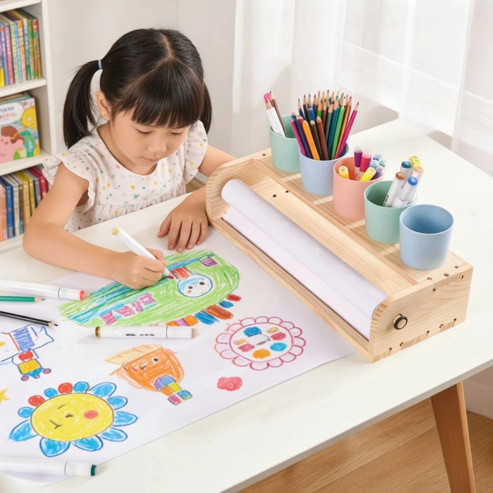 Wooden Children's Drawing Easel Non Tabletop Art Easel with Paper Roll Holder Wooden Art Station with Supply Rack for Children