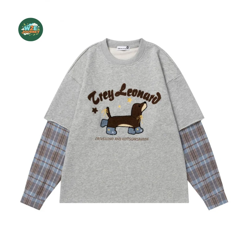 

W2EJOURNEY, размер ЕС, США, высококачественная уличная винтажная футболка с вышивкой щенка, унисекс, свободная повседневная футболка из двух частей с длинными рукавами