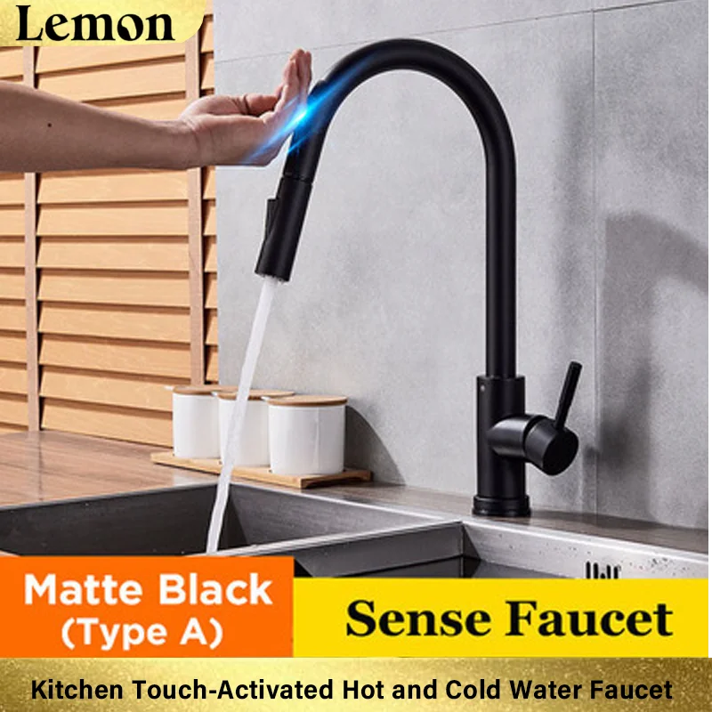 Black and Gold Kitchen Faucet, Hot/Cold Retractable Sink Faucet, 304 Stainless Steel Pull-Out Sink Faucet