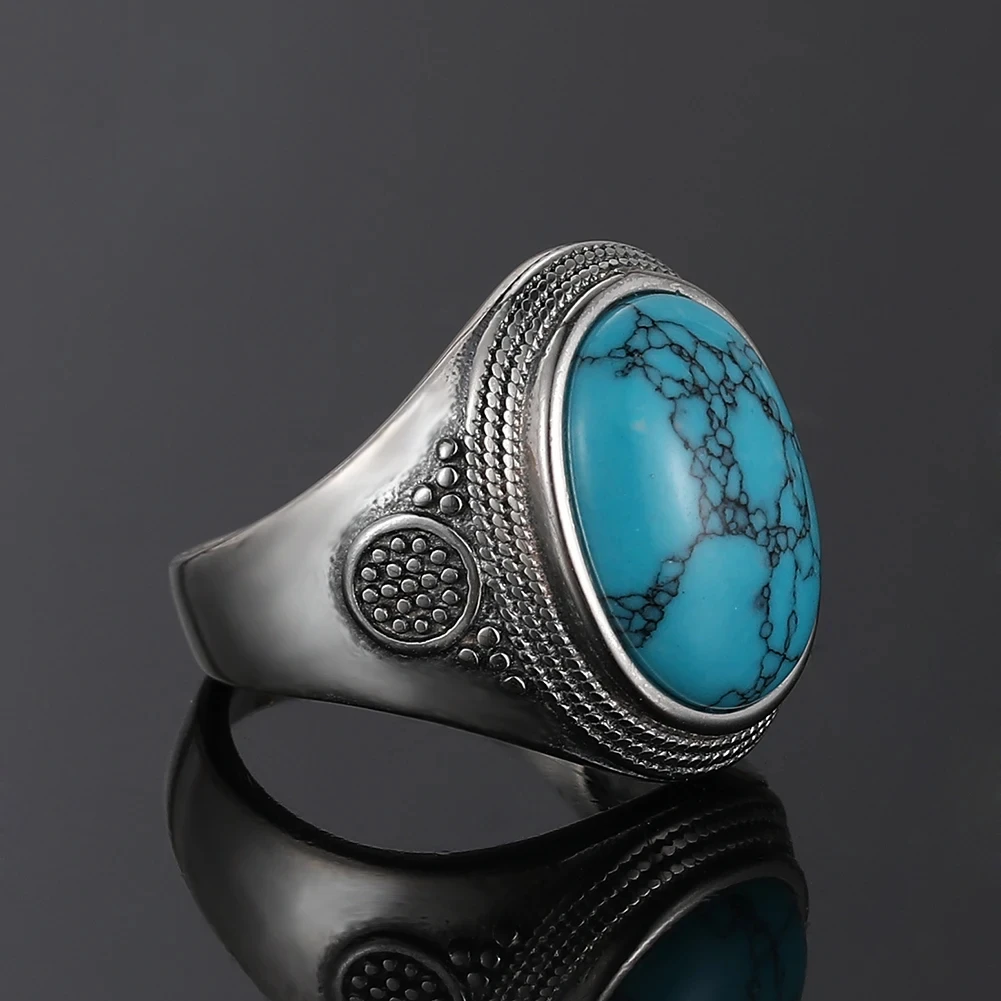 Natural 10x14MM Oval Turquoise Rings Sterling Silver Ring for Men Women Luxury Vintage Fine Jewelry Anniversary Party Gift