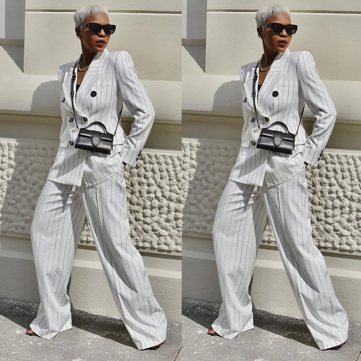 Elegant Stripe Women White Dress Suits Custom Made Loose Unsex Double Breasted Jacket  Daily Casual Wide Leg Pants 2 Pieces