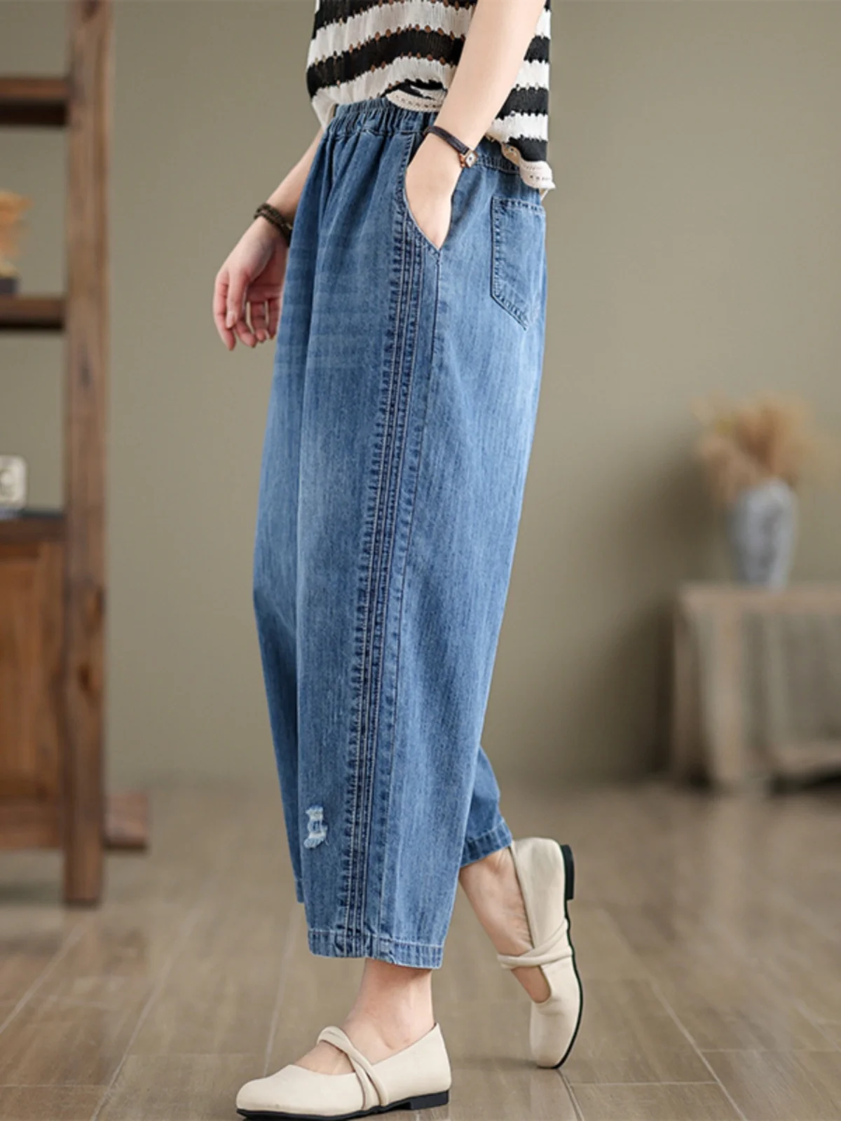 กางเกงขายาวเอวสูงทรงหลวมสไตล์เกาหลีสำหรับผู้หญิง รุ่นใหม่ล่าสุดสำหรับฤดูร้อน ให้ความรู้สึกหรูหรา ทรงตรงเก้าส่วน