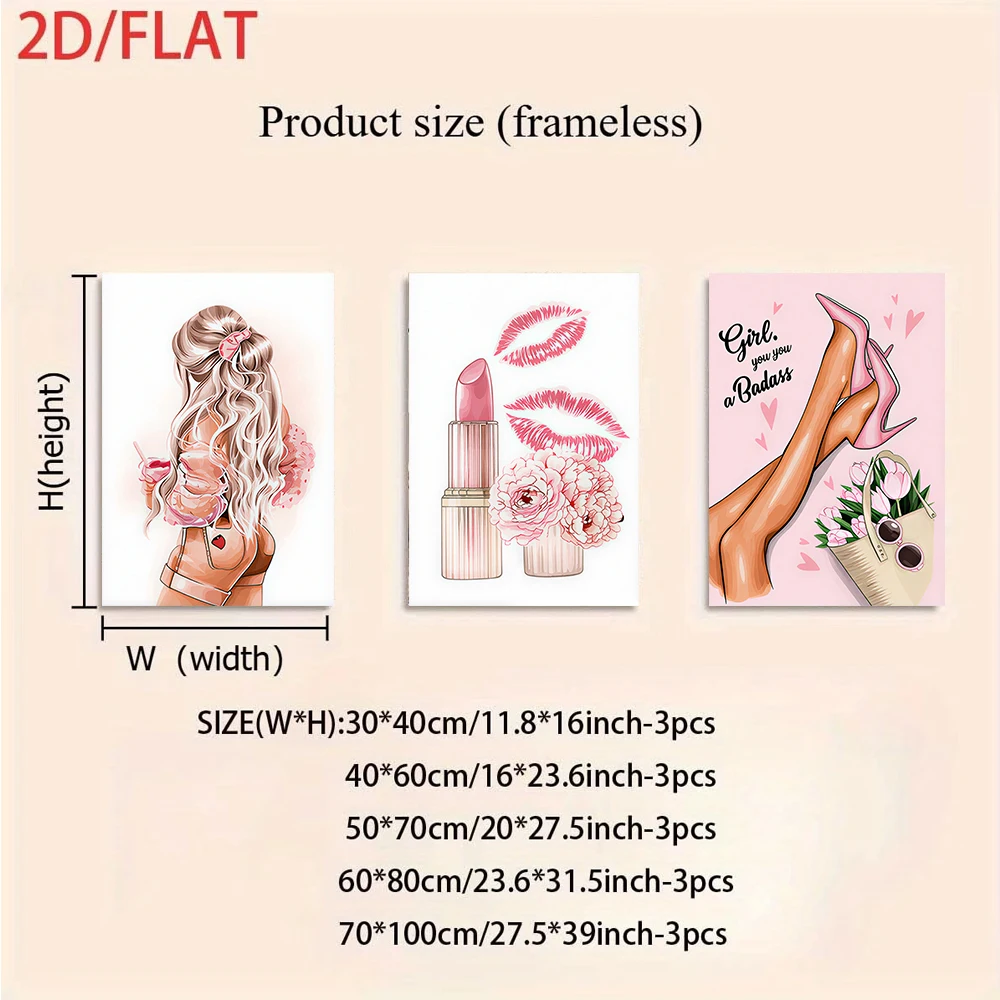 1 set of modern minimalist pink frameless paintings for a girl's love, featuring lipstick and high heels. (2D flat design)