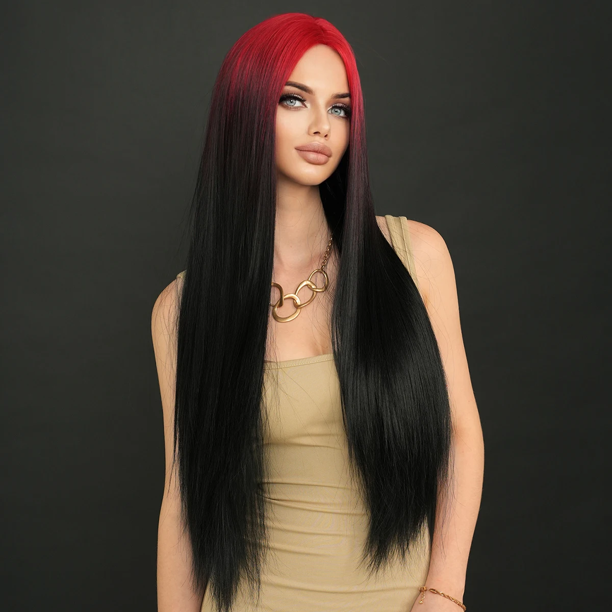 NAMM Synthetic Long Straight Black Wigs For Women Daily Party Use With Red Roots High Density Layered Hair Wigs Resistant Fiber