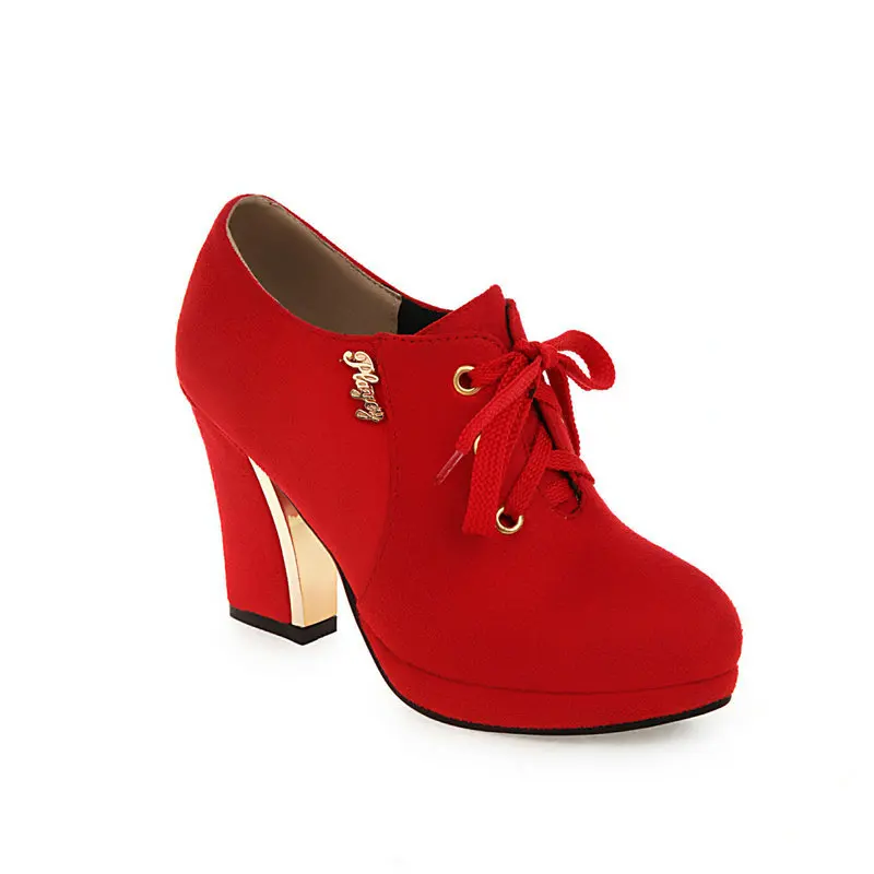 Spring Autumn Vintage Lace Up Women Pumps Oxford Shoes Simple Chunky Heel Suede High Heels Lady Ankle Boots Size 33-43