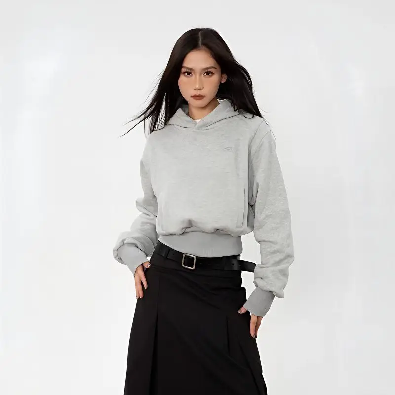 American Retro Short Hoodie Women's Autumn Versatile Solid Color Pullover Tops Girls Simple Hooded Coat Clean Fit Street Wear