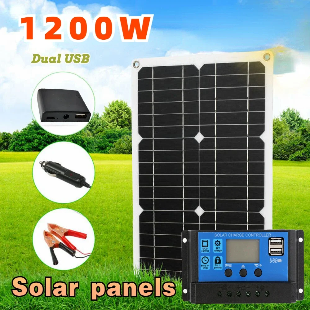 1200W Solar Panel 12V  Cell 10A-100A Controller  Plate Kit For Phone RV Car Caravan Home Camping Outdoor Battery