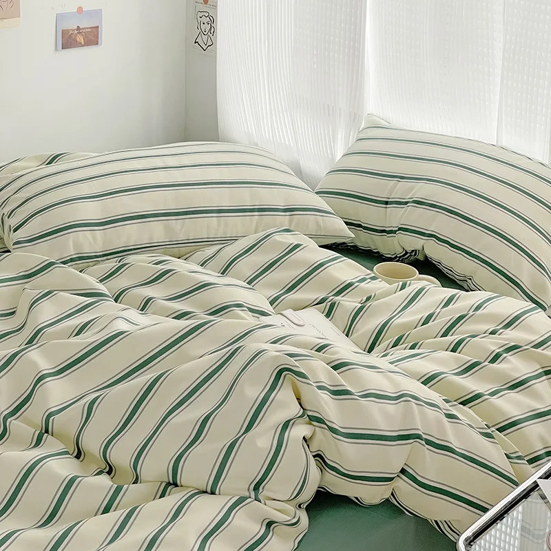 Bed Linen Bed Sheets Blogger Style Line Four-piece Set Girl Heart Fresh Green Bed Sheet Vertical Stripe Quilt Cover 1.5m1.8
