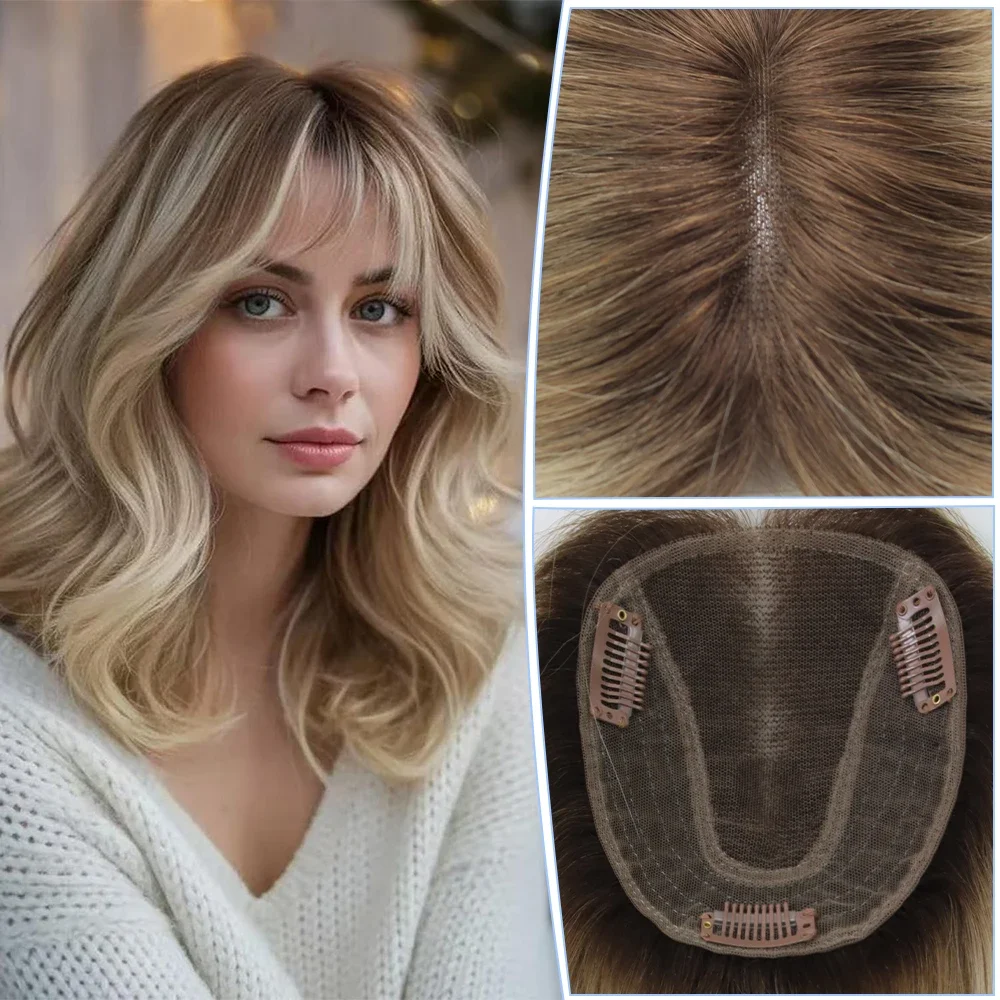 

Dazzeal Large Swiss Lace Human Hair Topper For Women Dark Roots Blonde Hair Toppers Remy Human HairPieces Clips Ins Extensions