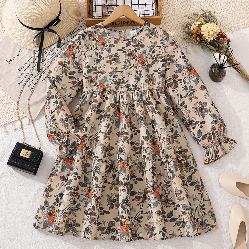 Girls 8-12 Spring Vintage Floral Dress, Crew Neck Ruffle Cuff Long Sleeve Tiered Hem Loose Swing Back Keyhole Kids Casual Dress