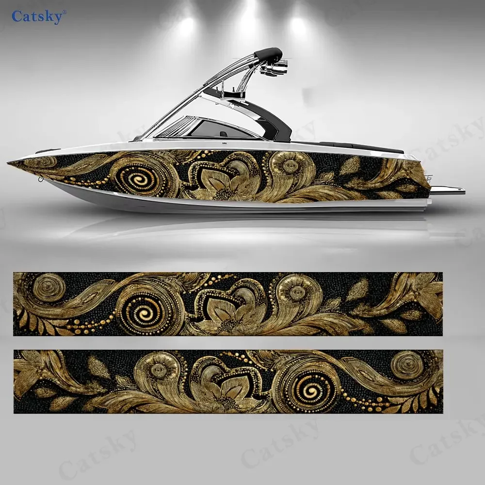 Luxury Black & Gold Swirl Boat Stickers, PVC Waterproof Durable Vinyl Wrap Decals for Fishing Boats, Durable and Stylish Design