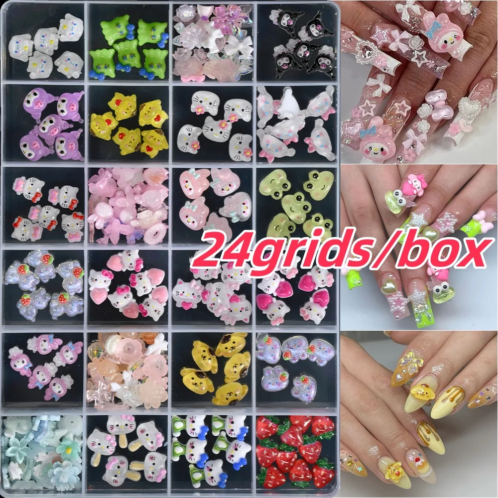 24 그리드/박스 스파클링 헬로 키티 Kuromi 멜로디 Cinnamoroll 네일 장식 네일 아트 참 만화 쥬얼리 매니큐어 참 소녀를위한