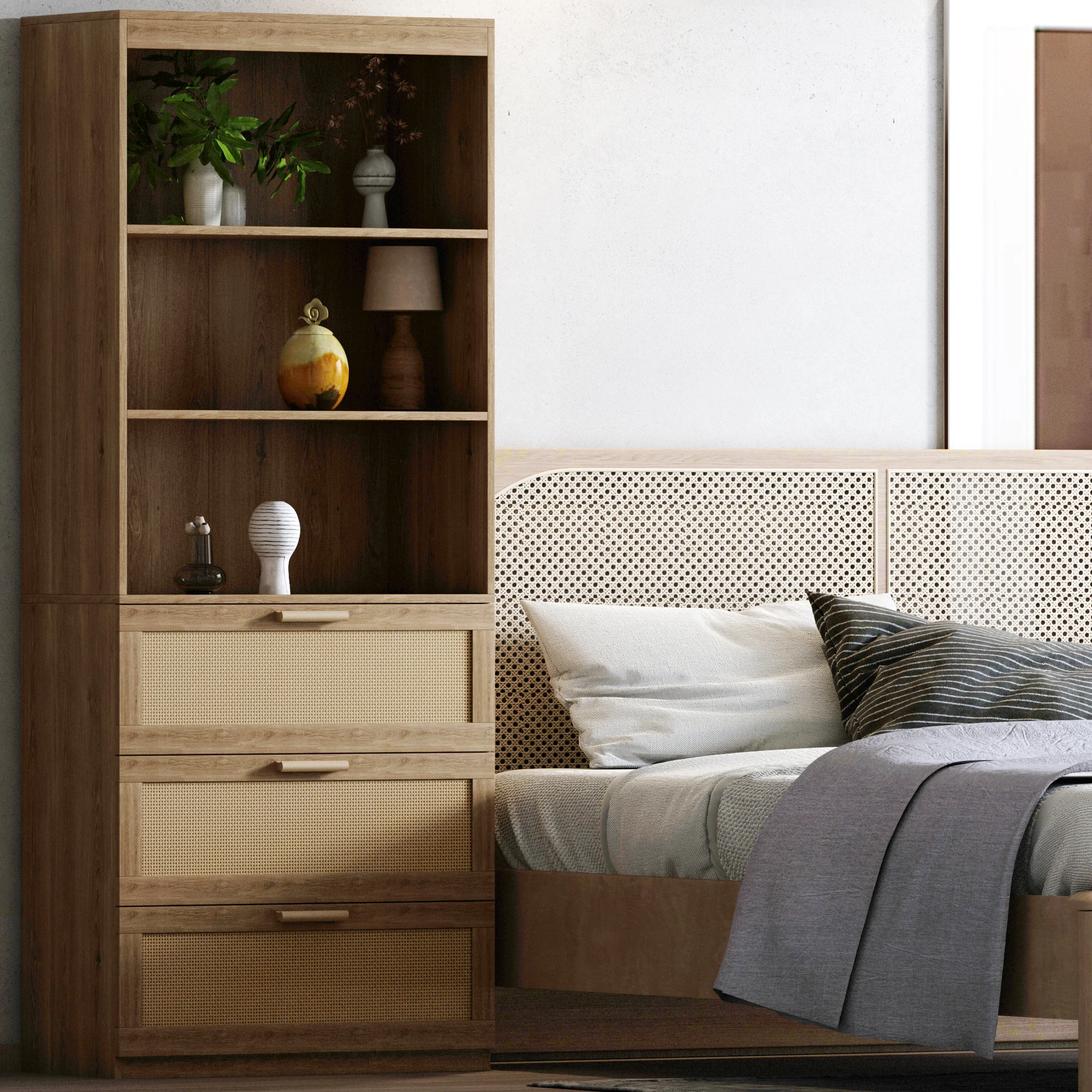 71" Rattan Cabinet: 3 Drawers, 3 Shelves. Wood Bookshelf for Living, Study, Kitchen, Office.