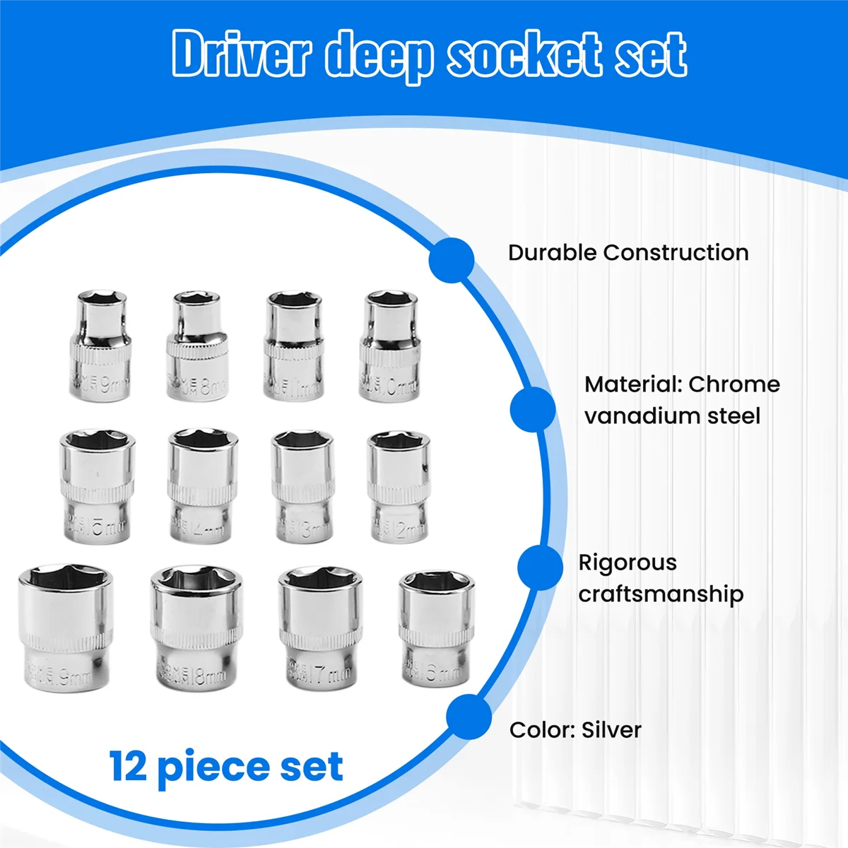 

3/8Inch Driver Deep Long Sockets 12pcs 3/8Inch Driver Deep Long Sockets Set 10mm Square Hole 8 9 10 11 12 13 14 15 16 17 18 19mm