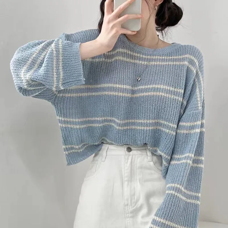 Pull en tricot rayé pour femmes, confortable, léger, manches longues, col rond, tenue quotidienne décontractée pour adolescentes