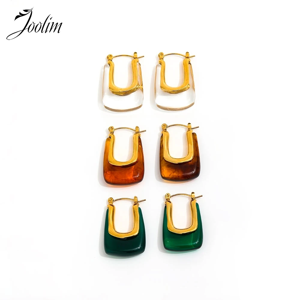 

Joolim Jewelry High Quality PVD Wholesale Retro Personality Resin Designer U-shaped Huggie Stainless Steel Earring for Women