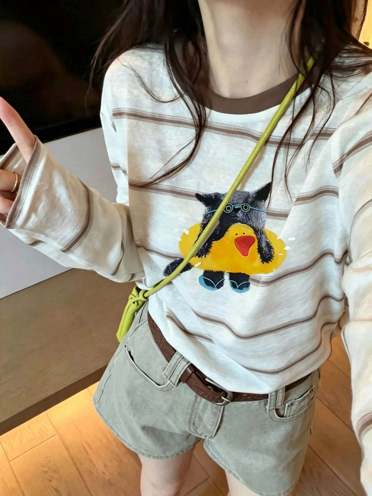 Retro Korean Long Sleeve T-Shirt Women's Cartoon Print Anti-Aging White Stripe Snowflake Cotton Sunshade Cover up