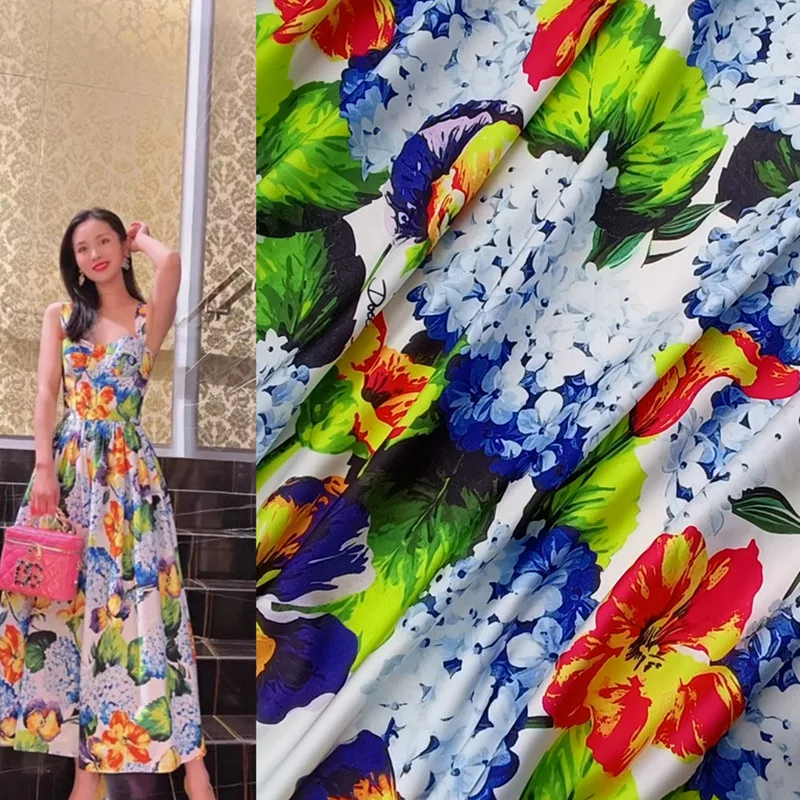 

New blue hydrangea pattern digital printing twill satin stretch satin fabric DIY high-end dress skirt shirt fashion fabric
