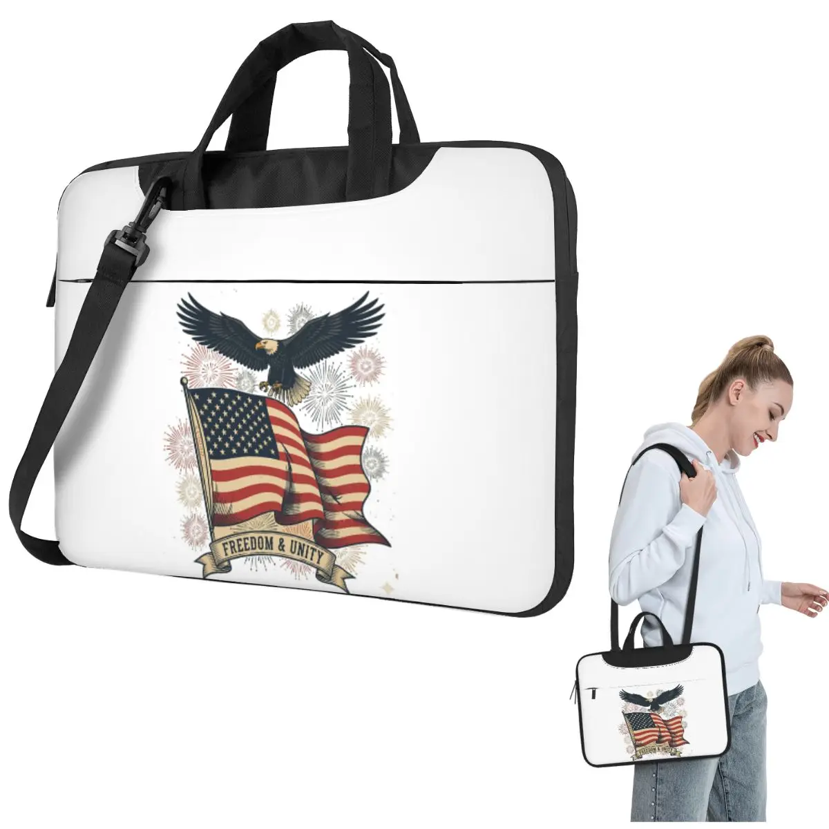 

Freedom And Unity American Flag With Bald Eagle Crossbody Laptop Bag Case Computer Bag 13 14 15.6 Inch Notebook Pouch for Lenovo
