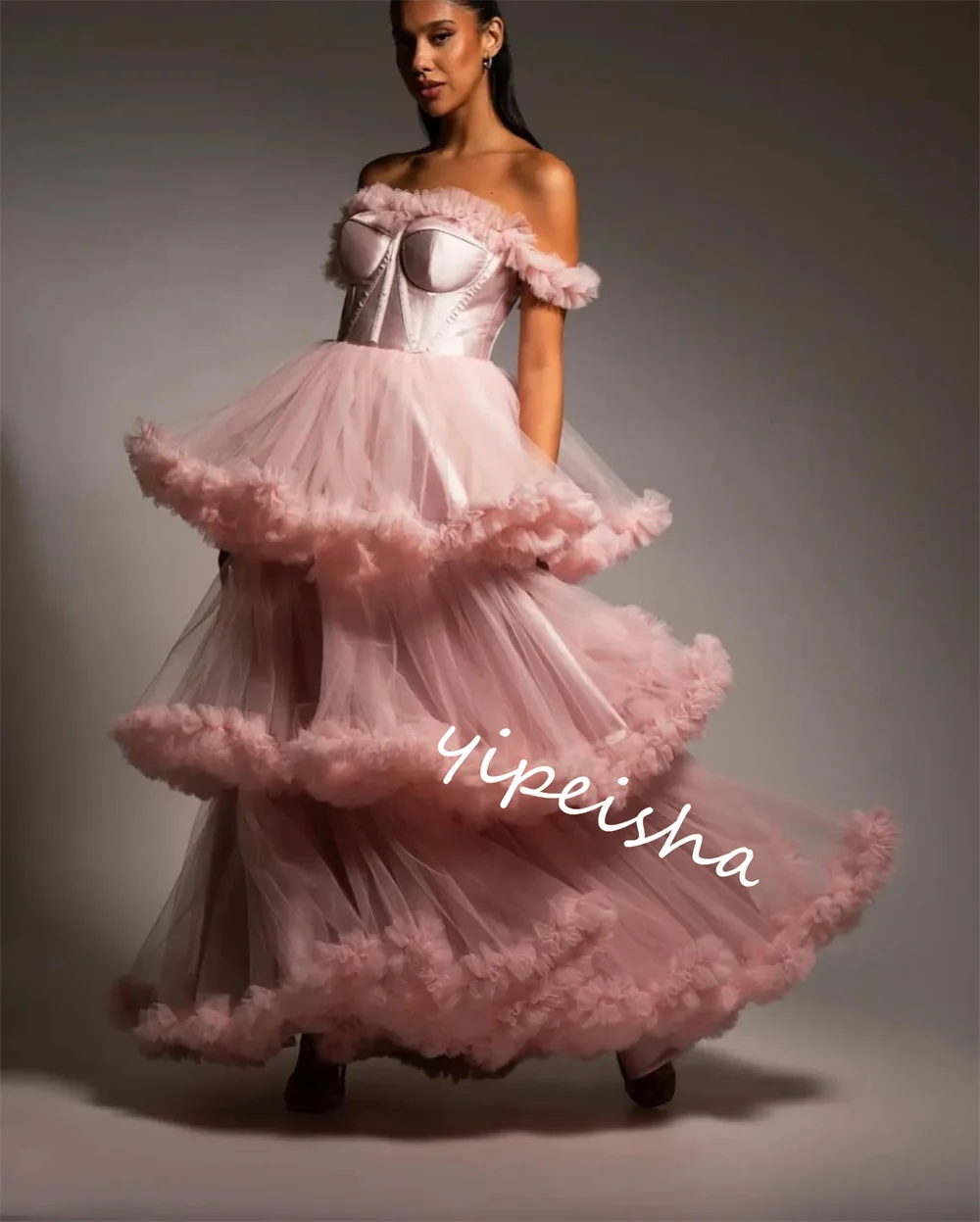 Ball Dress Evening Prom     Tulle Tiered Pleat  Gown Off-the-shoulder Bespoke Occasion Long es