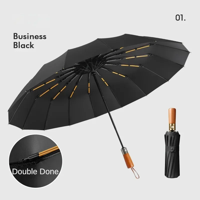 Business Umbrella for Men, Fully Automatic, Wooden Handle, Large Folding Sunshade, Sun and Rain, Dual Purpose Umbrellas, 32 Bone