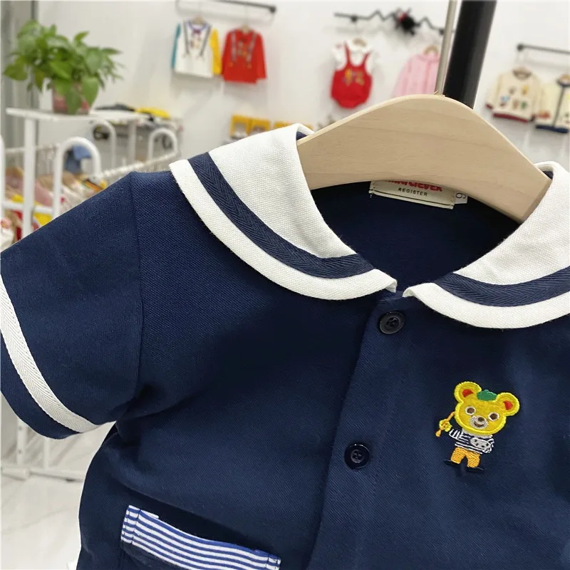 Zomer Nieuwe Kids Sets Tweedelige Broek Met Korte Mouwen Japanse Kinderkleding Nieuwe Marineblauwe Stijl Teddybeer Vest Set