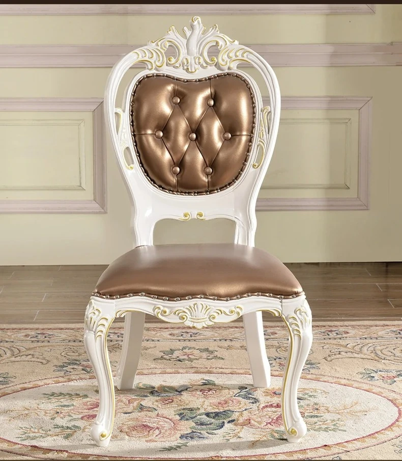 

European leather dining chair, American gold-painted silver-white single solid wood leather dining chair