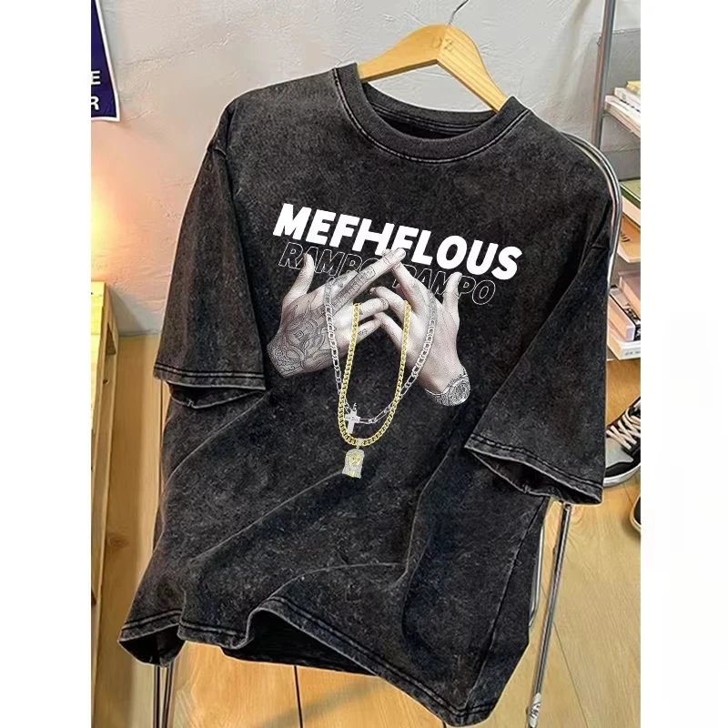 

American Small Wash Short-sleeved T-shirt Trendy Top Fashion Round Neck Half-sleeved Men's and Women's Summer Short-sleeved