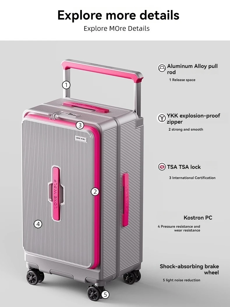 Mala de viagem com abertura lateral, 24 polegadas, grande capacidade, com rodas largas, com senha, masculina, 20 polegadas, para embarque.