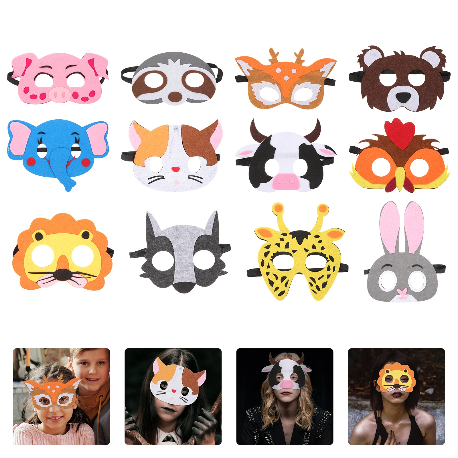 12 Pcs Kids Animal Masks Felt Material Lightweight Rabbit Lion Fox Deer Elephant Party Accessories Halloween Cosplay Props
