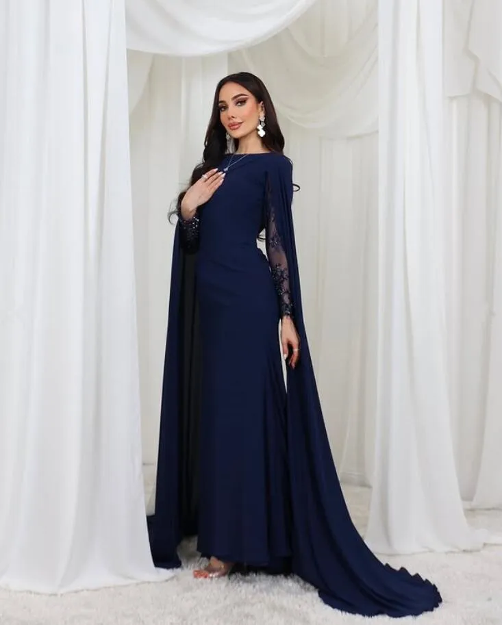 Gaun Formal Malam Kaftan Arab Biru Laut dengan Pakaian Gaun Acara Prom Saudi Dubai Lengan Panjang Ukuran Khusus Bungkus Jubah