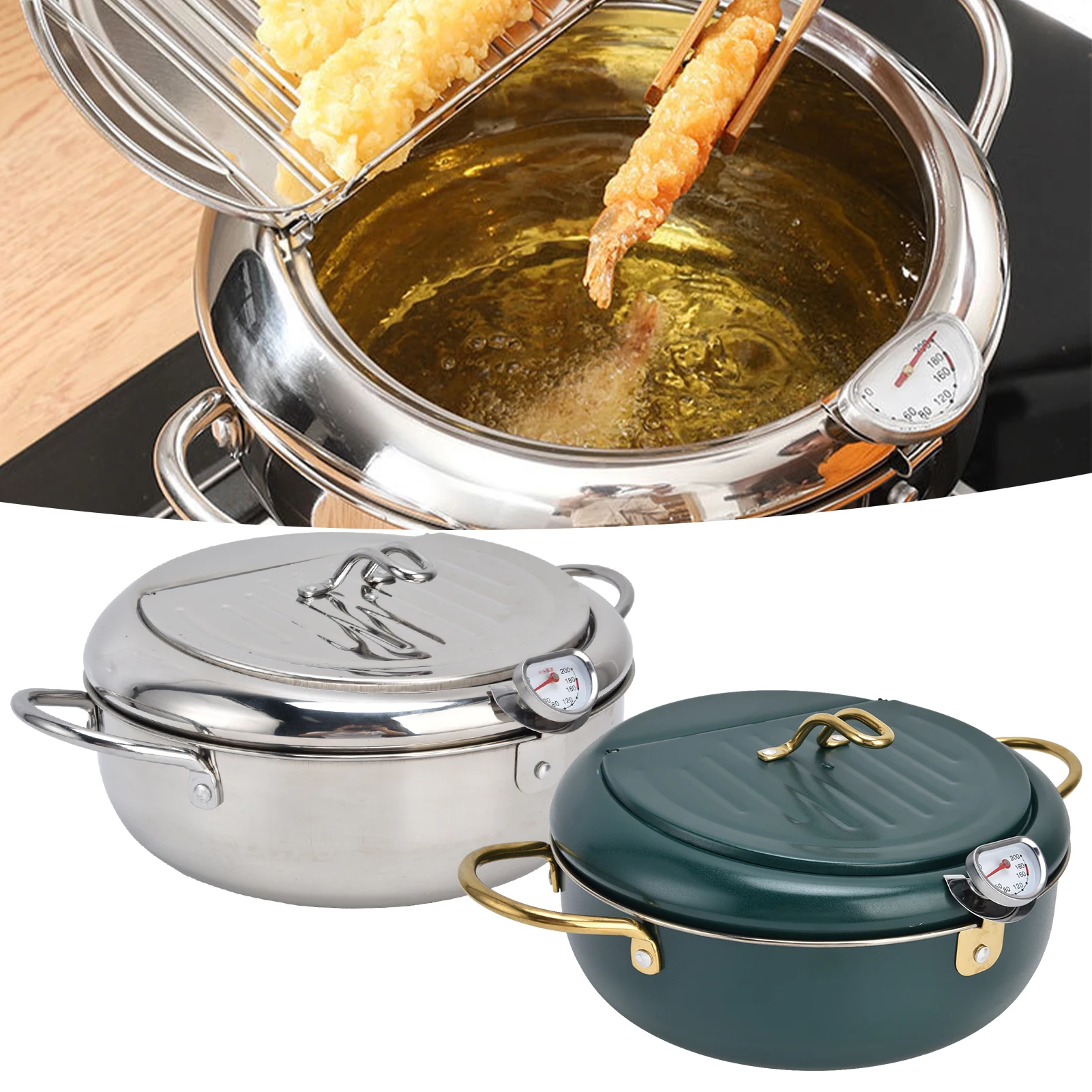 

304 Stainless Steel Frying Pot 24cm Temperature Controllable Mini Cooking Fryer with Thermometer for Kitchen