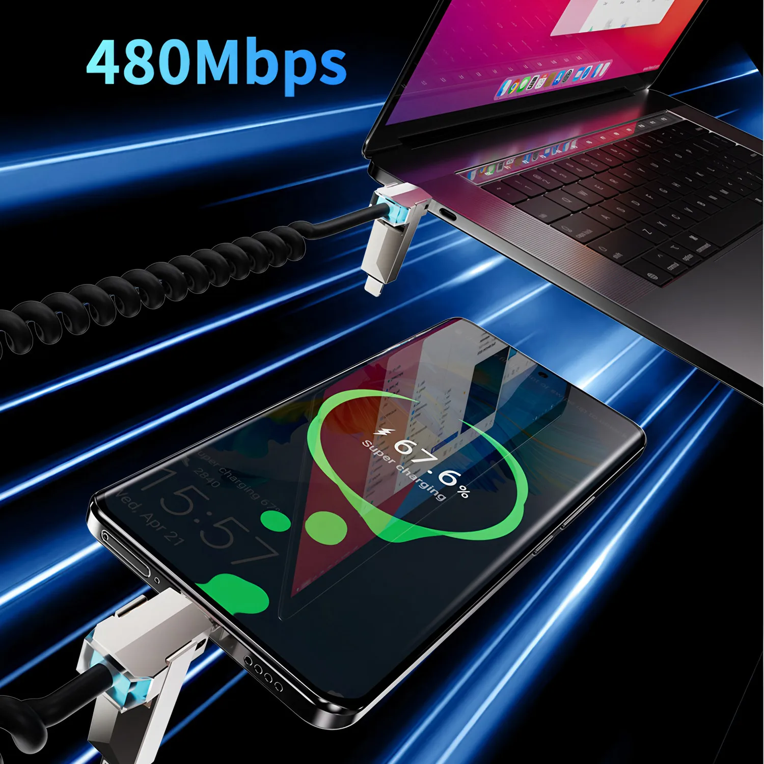 240W Fast Charging 4-in-1 Spring Car Data Cable Compatible with CarPlay for iPhone Samsung Huawei iPad USB C Charger Cord
