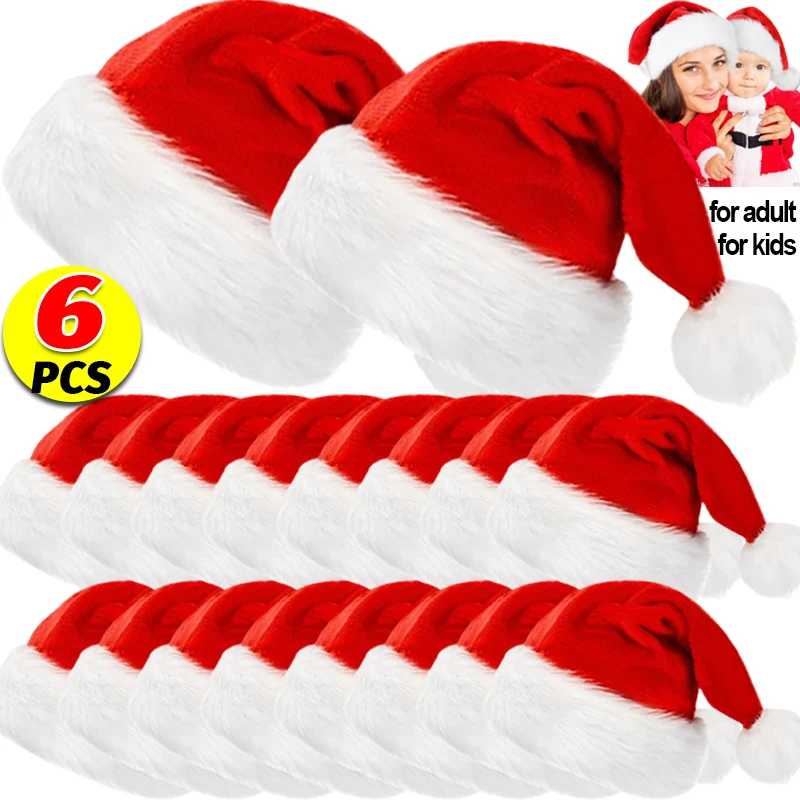 6/1pcs Plush Christmas Hat Red Santa Hat for Adults Kids Unisex Festival Fluffy Caps Xmas New Year Party Decoration Supplies