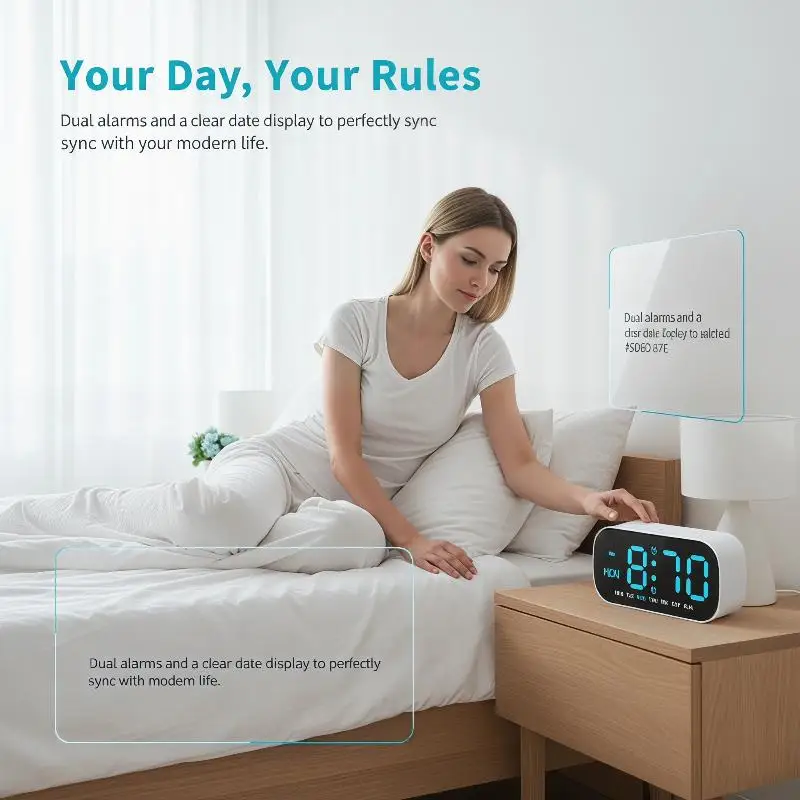 Desktop Digital Alarm Clock Temperature Date Week Dual Alarm Night Mode Snooze Clock 5 Levels Of Brightness 12/24H LED Clock