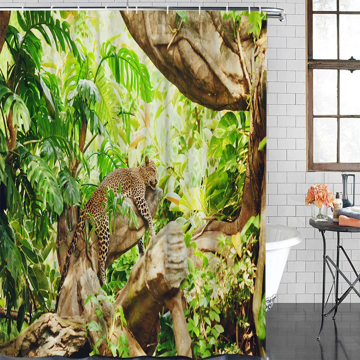 Tropical Rainforest Cheetah Jungle Leopard Green Waterproof Shower Curtain With Hook Bathroom Decoration Accessories Curtains