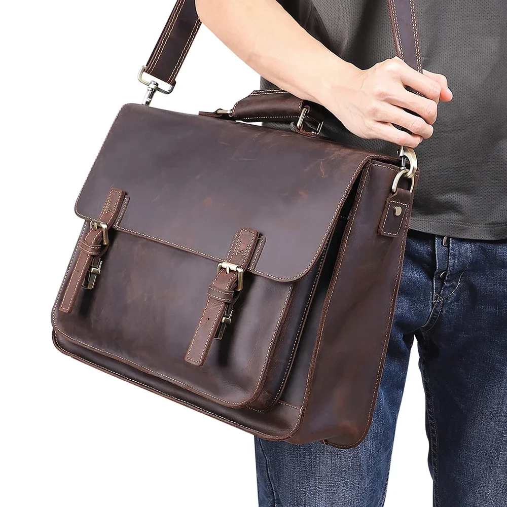 

Genuine Leather Men's Briefcase Crazy Horse Genuine Leather Messenger Male 17inch Laptop Bag Men Business Travel Bag