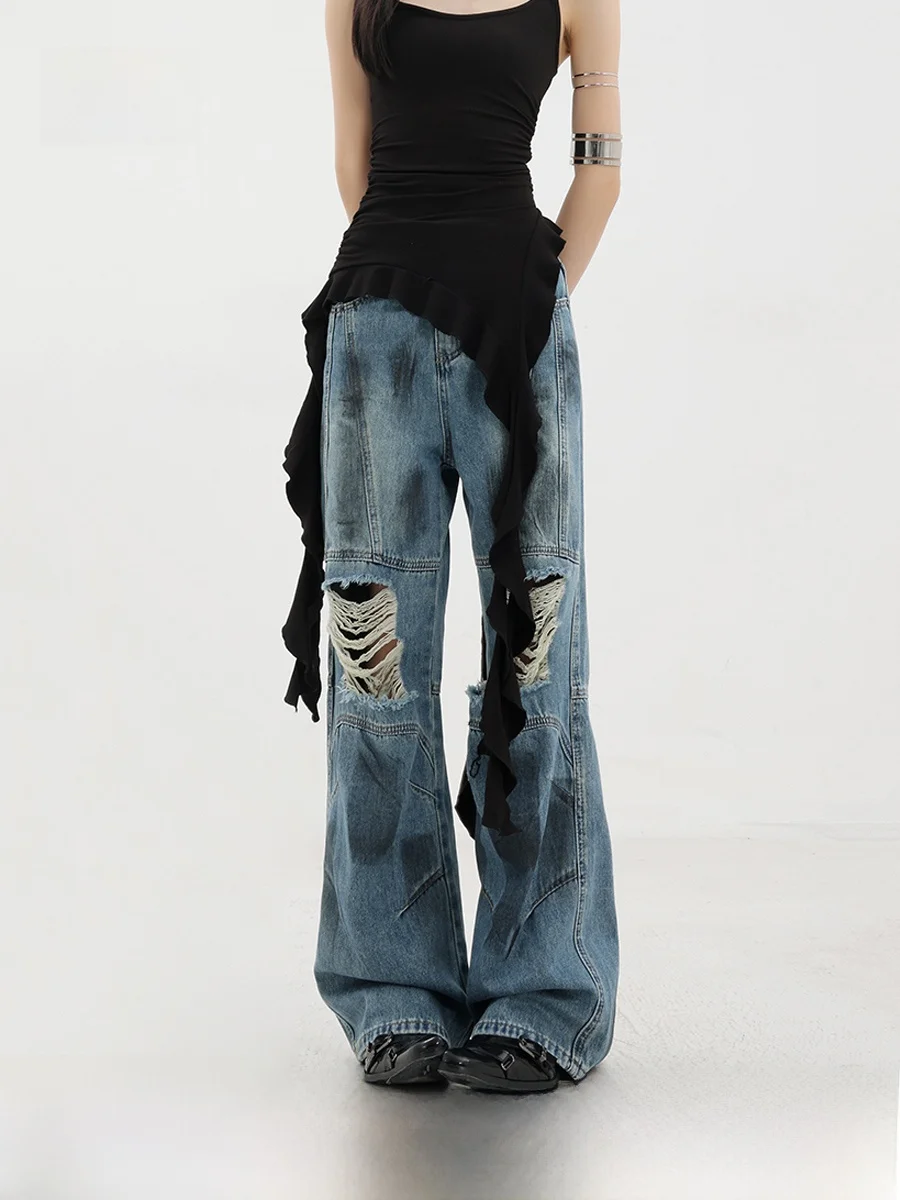 

Женские джинсы в стиле ретро-винтаж, широкие, в пол, с эффектом потертости, с глубоким вырезом на талии, темно-синие