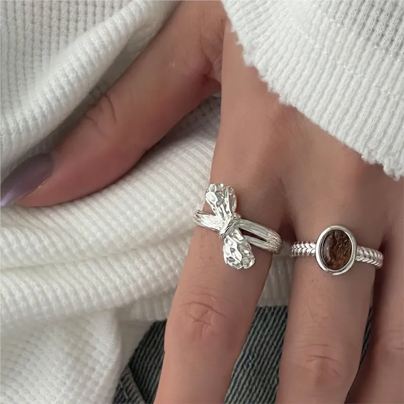 PANJBJ – bague œil de tigre en argent Sterling 925 pour femmes, nœud papillon mat, Texture pliable, Design Ins, bijoux cadeau, livraison directe