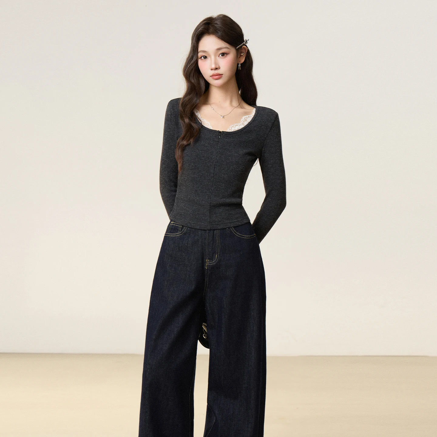 

Retro Color Block Knitwear Women's Slim Fit Base Layer T-Shirt Spring New Style French Elegance Inner Wear Sweater Female