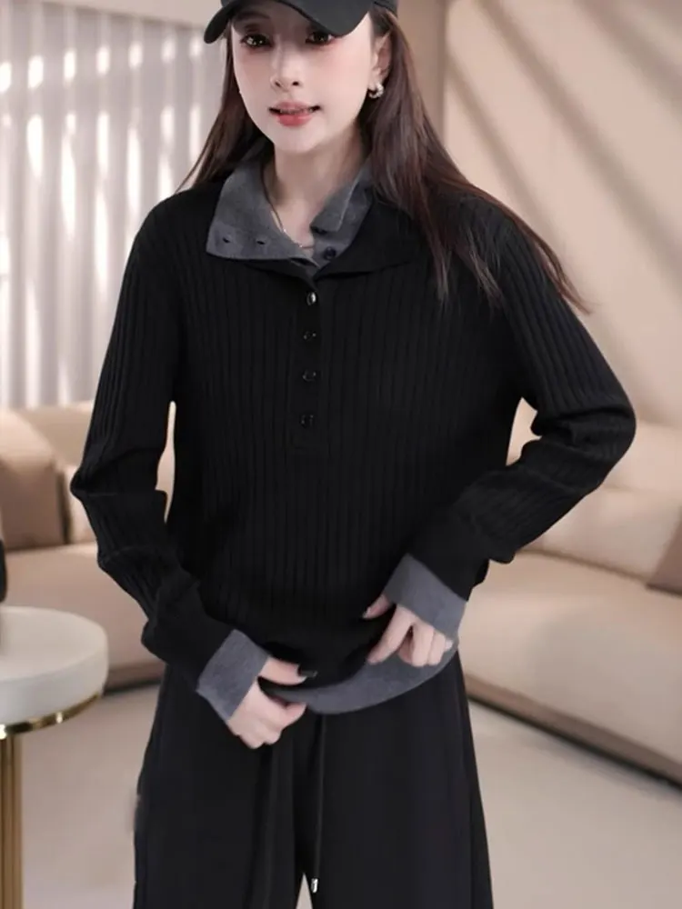 الكورية Sle عالية الياقة f مفتوحة محبوك سترة عادية تخفيف طويل Sve الخريف جديد Sle المرأة وهمية قطعتين سترة