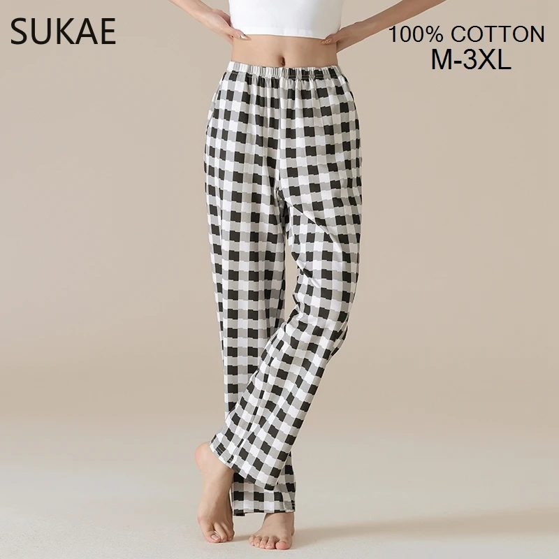 SUKAE 100% Cotton Women Bottoms Autumn Spring Full Pants Plaid Sleepwear Trousers Chic Printing Nightwear M-3XL Woman Homewear