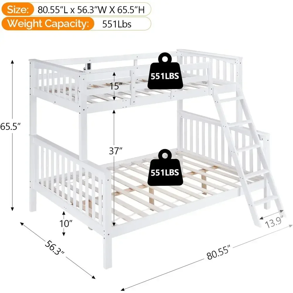 Twin Over Full Bunk Bed with 15 Tall Guardrail, LED Light, Charging Station, Convertible Solid Wood, Heavy Duty Slats, White