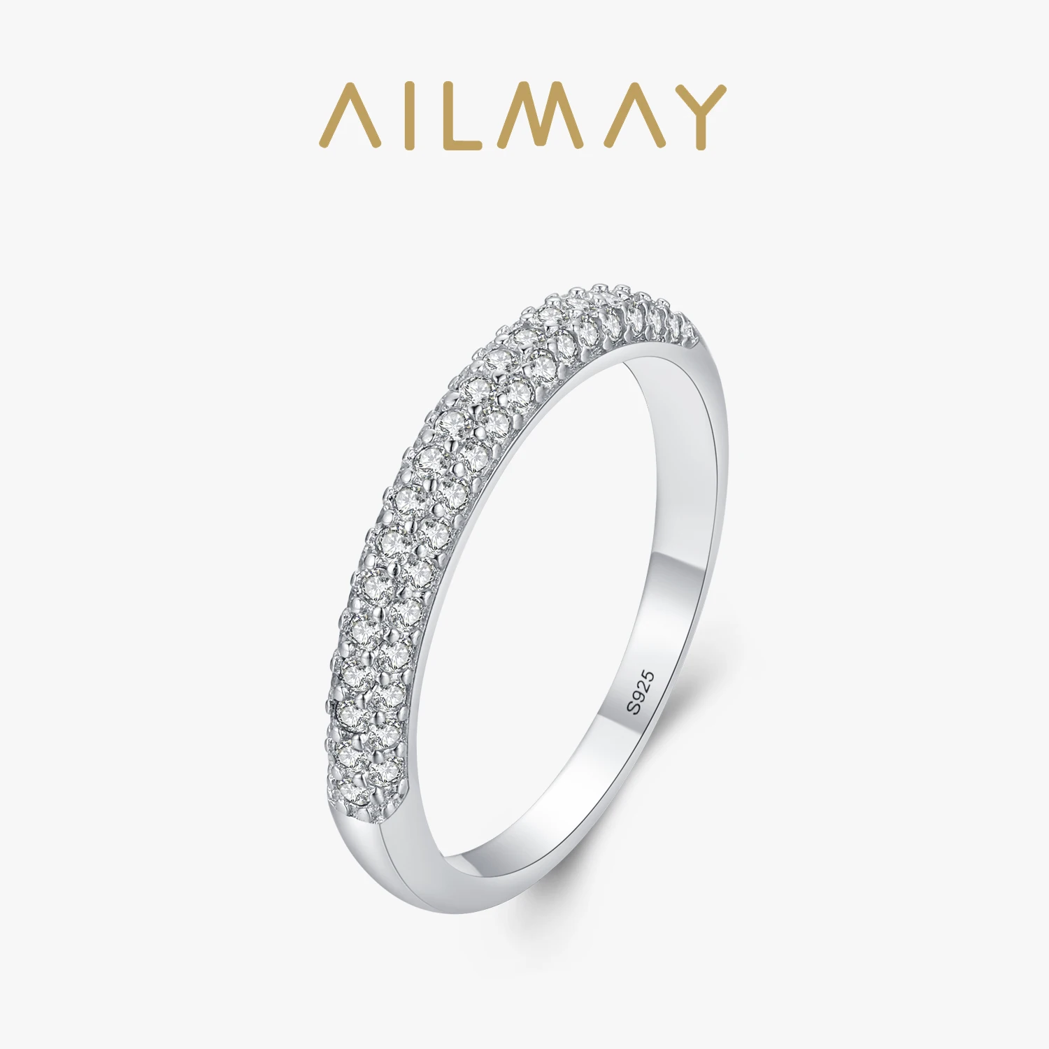 Ailmay New Fashion Solid 925 Sterling Silver Stackable Clear CZ Finger Ring For Women Luxury Wedding Accessories Jewelry Gift