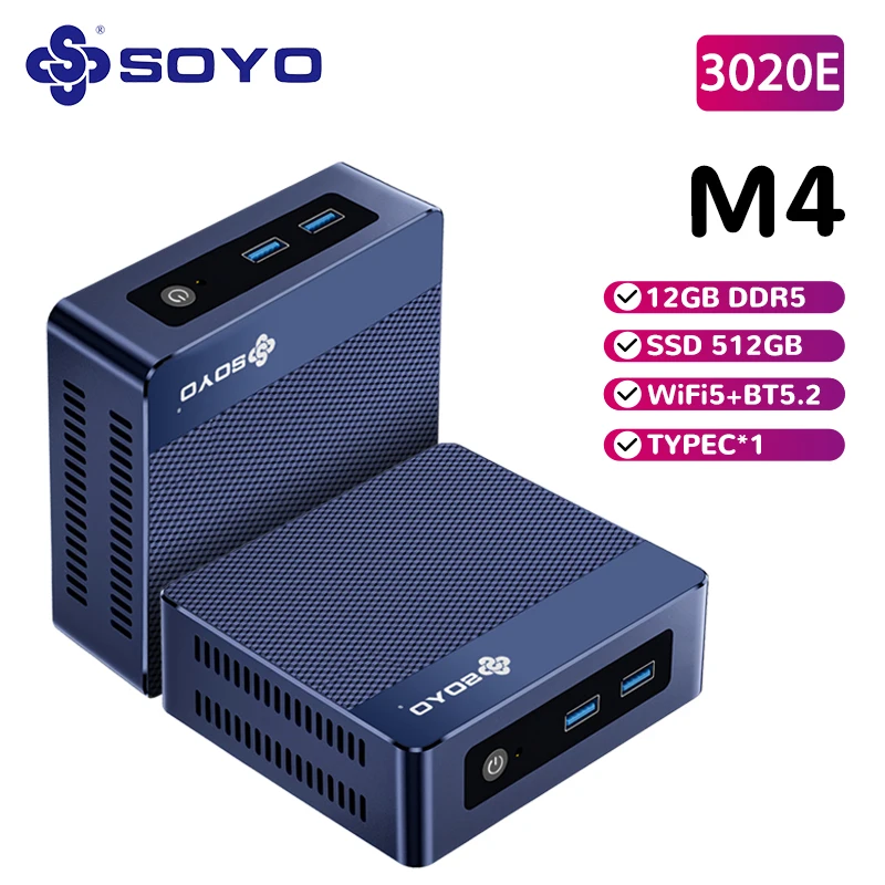 SOYO M4 ミニPC、AMD 3020E CPU、8GB DDR4 RAM、256GB M.2 SSD搭載、ミニデスクトップコンピューター、デュアル4K USB3.2対応、Win11 Pro搭載、オフィス向け