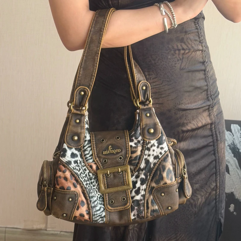 

Angel's Kiss Vintage Leopard Patchwork Distressed Pillow Shoulder Crossbody Bag, Hot Girl Casual Purse for Daily Сумка Y2k