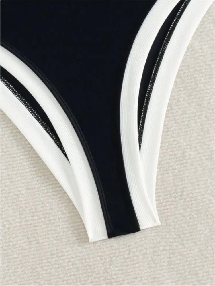 Cikini Women's Black & White Patchwork Plunge Neck Strap One Piece Swimsuit, Beach Summer Resort Wear