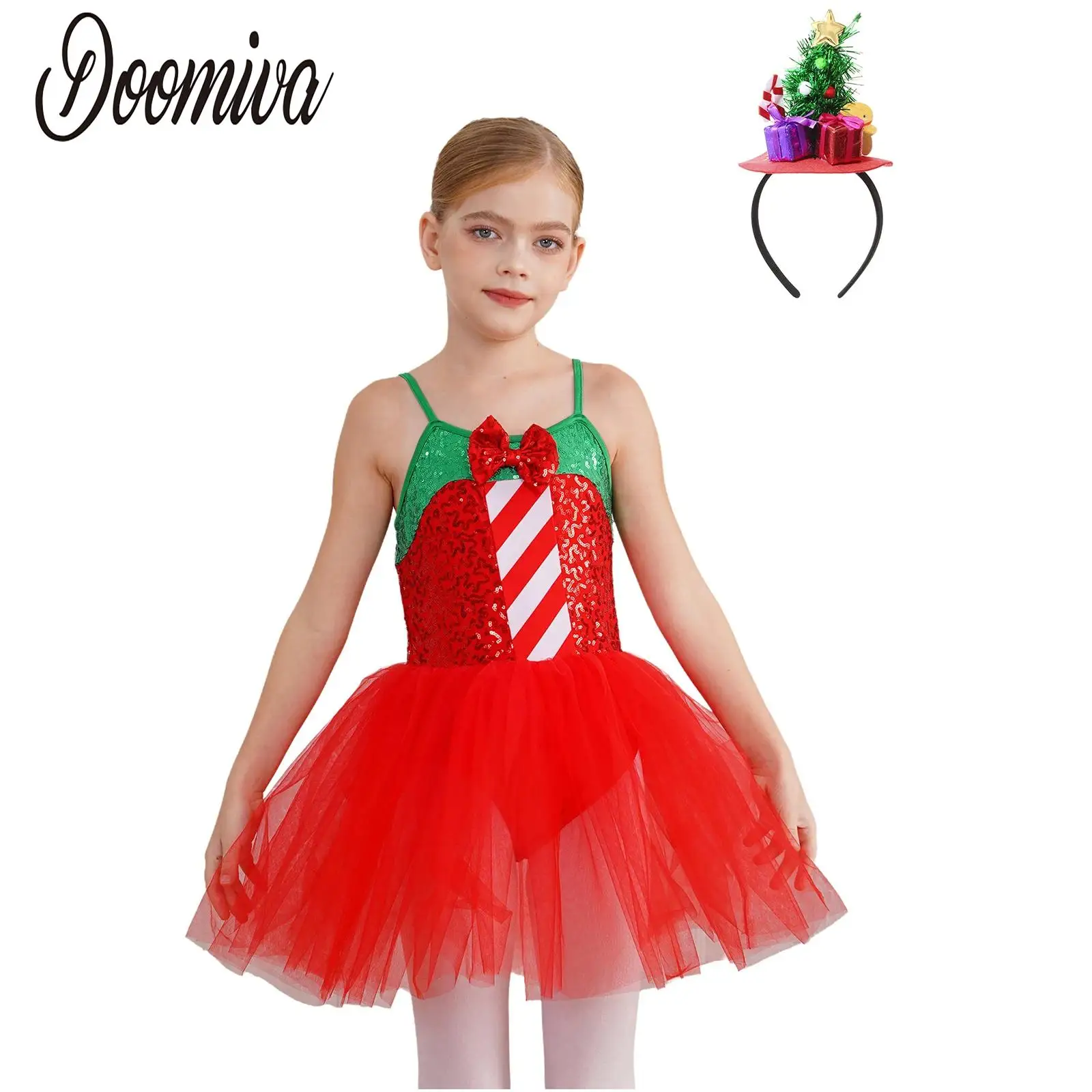 الفتيات عيد الميلاد الترتر يوتار فستان رقص توتو زي الباليه كرنفال حفلة بلا أكمام القوس المشارب تول فستان مع الشعر هوب #1