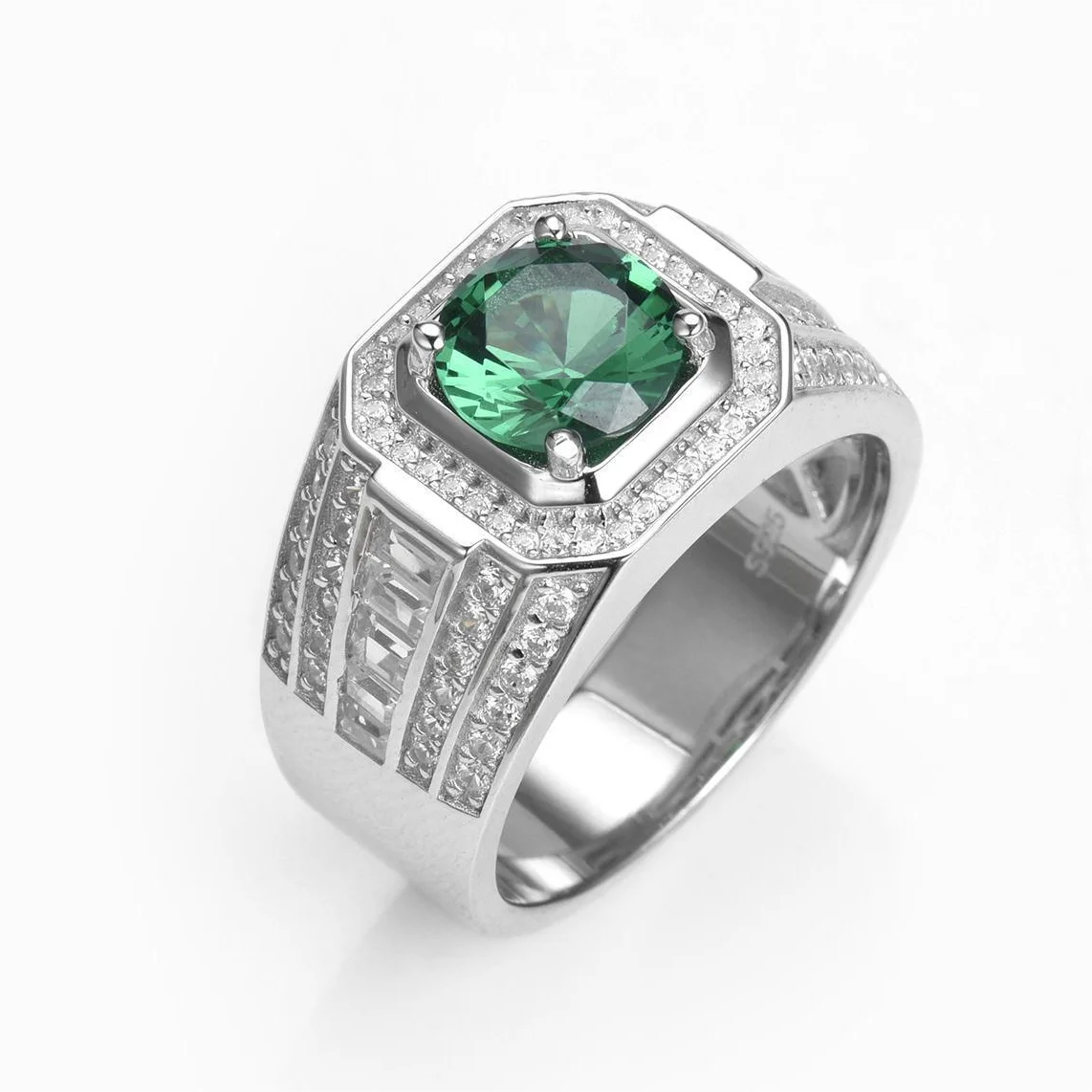 

Carline Hotsale Luxury 925 Silver Fine Rhdium Plated Jewelry Ring With Iced Out Bling 5A White Zircon Green Nano Glass Ring Men